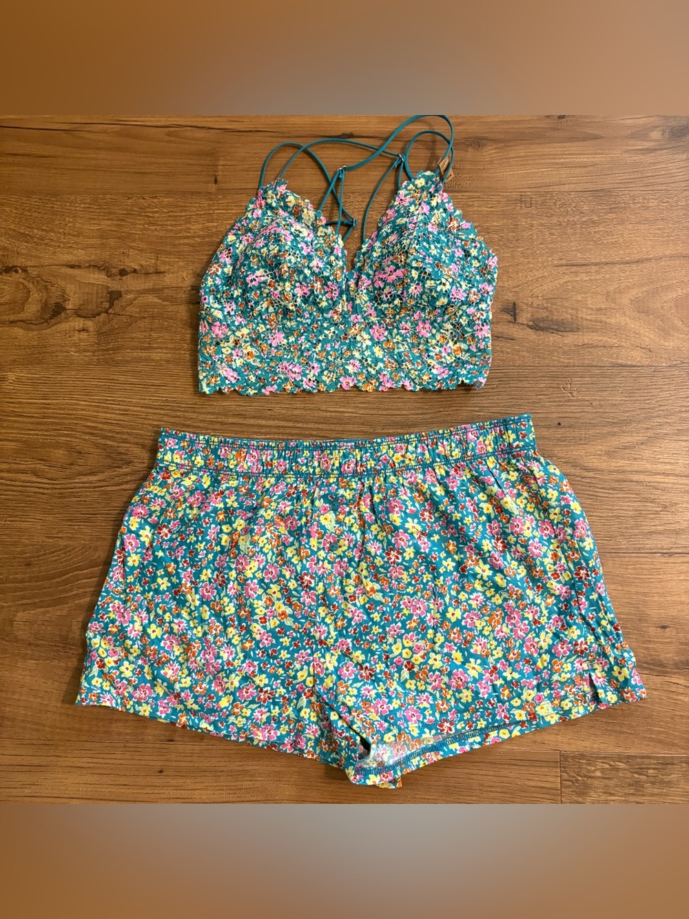 PINK Victoria's Secret Blue Floral Bralette & Shorts Set